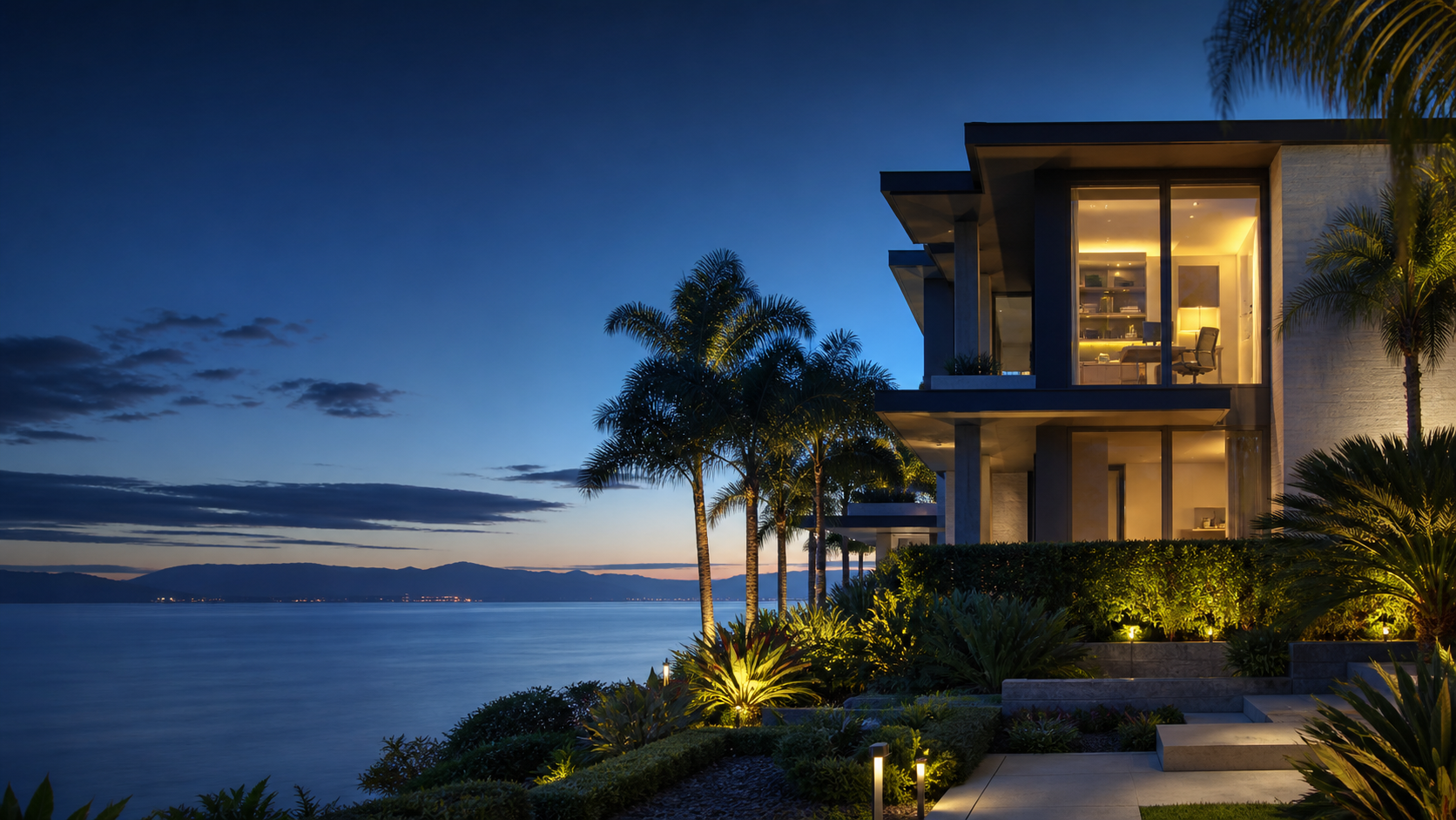 Modern waterfront property with a private workspace at blue hour