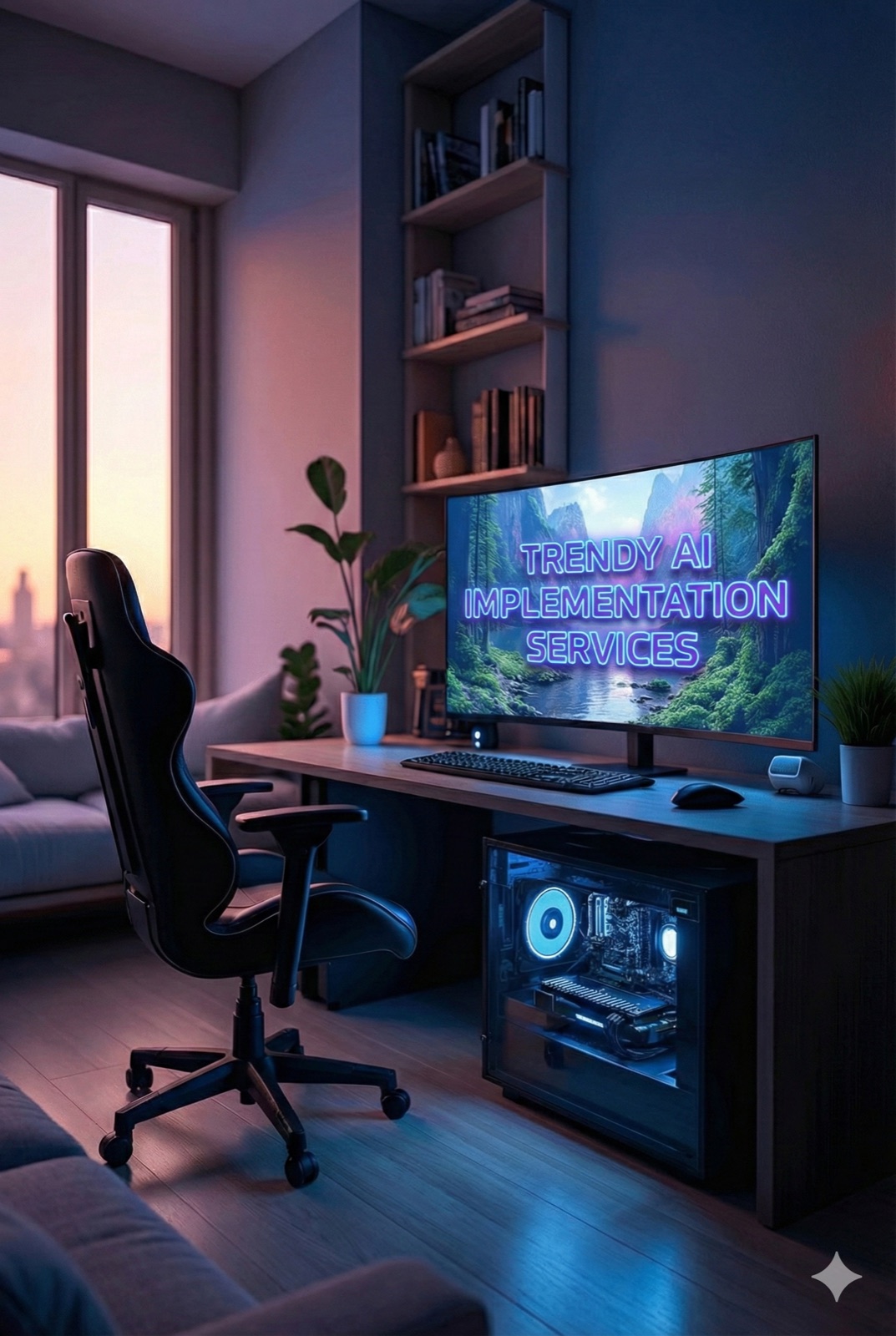 Modern Trendy AI LABS studio setup with a display showing AI implementation services